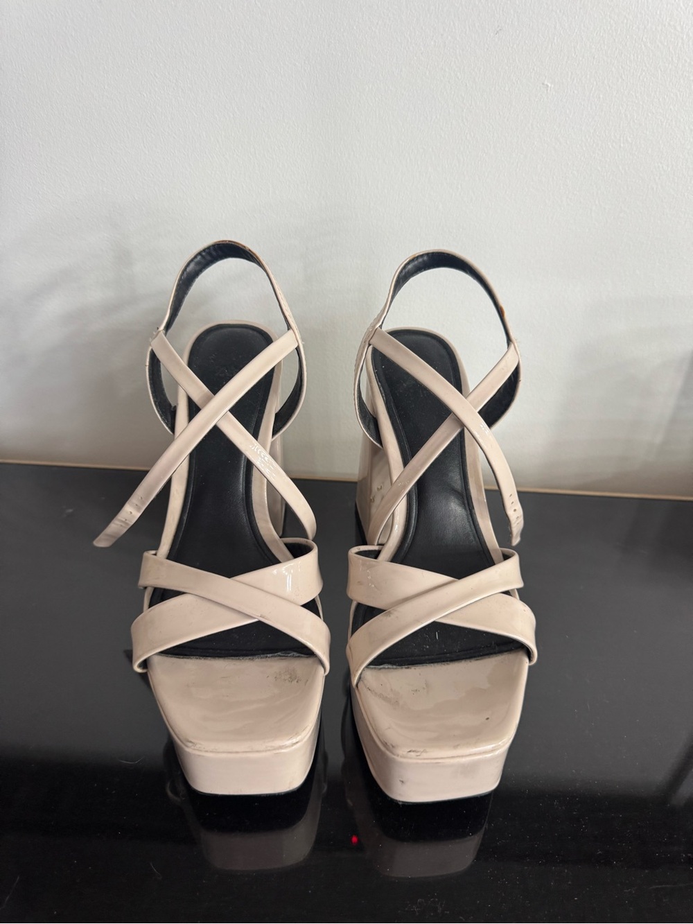 Zara Nude Patent Strappy Platform Sandals
